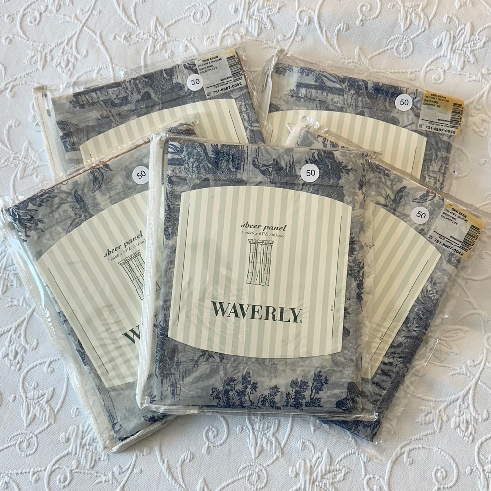 5 Vintage 90s Waverly Country Life Blue Toile Sheer Curtain Panels 60x63 New